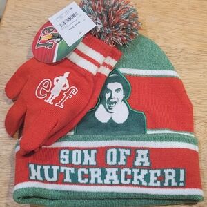 ELF Red and Green Kids Hat and Gloves Set